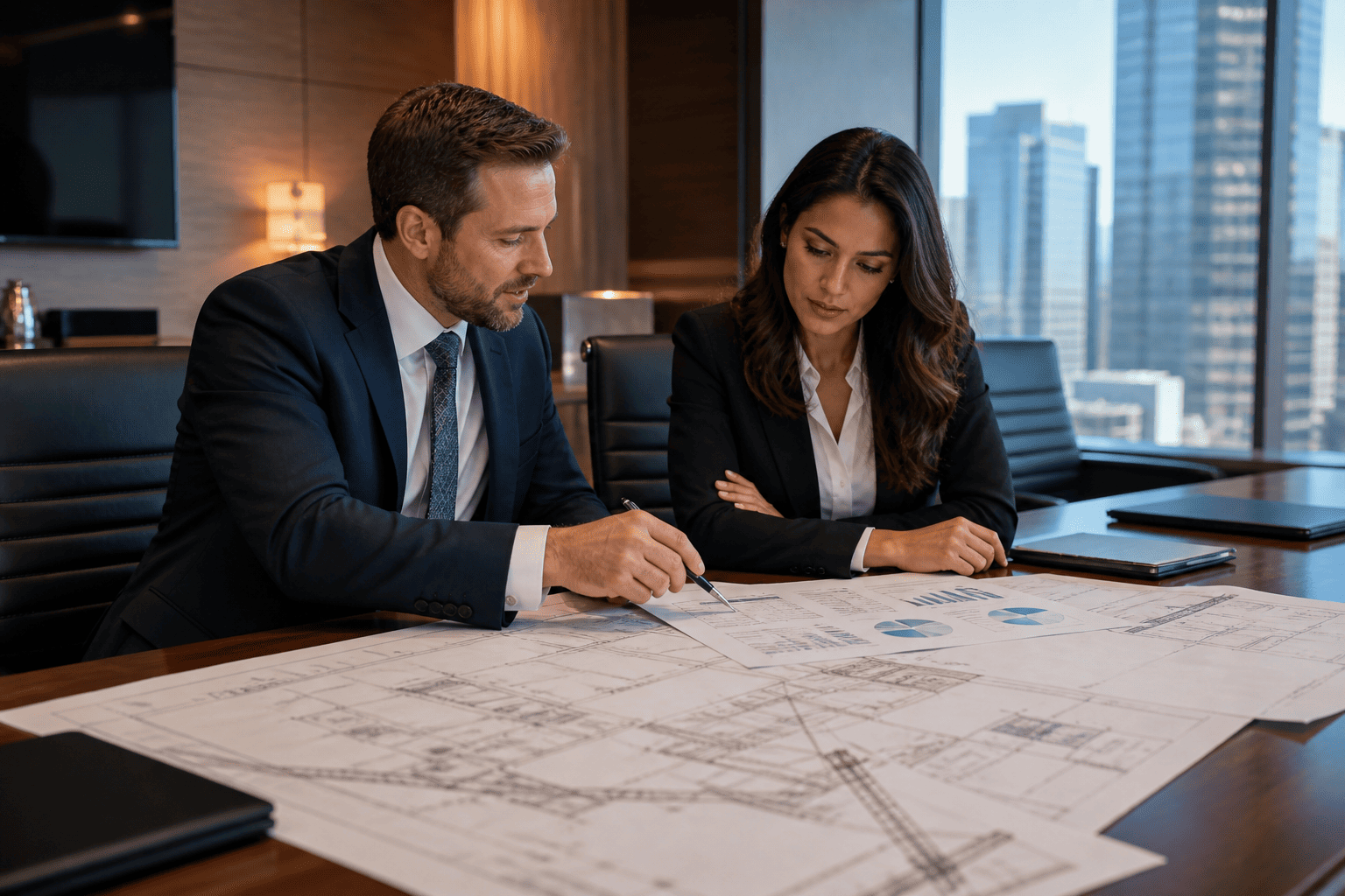 M&A advisory meeting reviewing construction financials