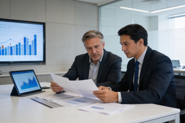 business owner reviewing M&A due diligence documents with advisor at desk