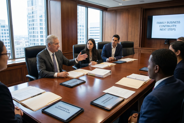 family business succession planning meeting between founder and next generation