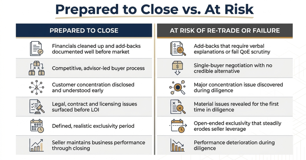 Comparison of seller behaviors and conditions that help M&A deals close versus factors that increase the risk of re-trade or failure.
